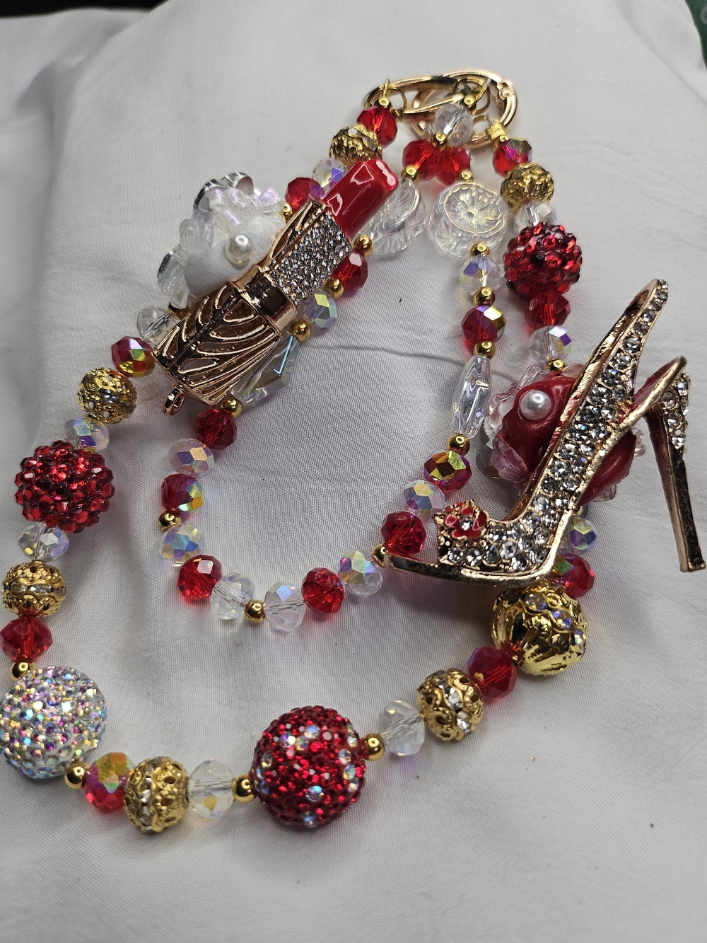 Red Crystal Beaded Charm Necklace with Gold High Heel Pendant